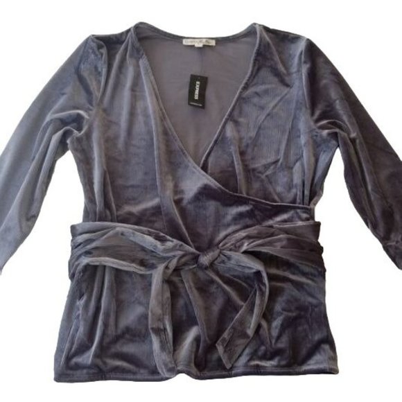 Express One Eleven XS Silver Gray Velvet Ribbed Wrap Shirt tie top blouse 0-2 - Picture 1 of 11
